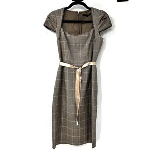David Meister Plaid Sheath Dress Brown‎ Tan Fringe Trim Satin Belt Womens 2